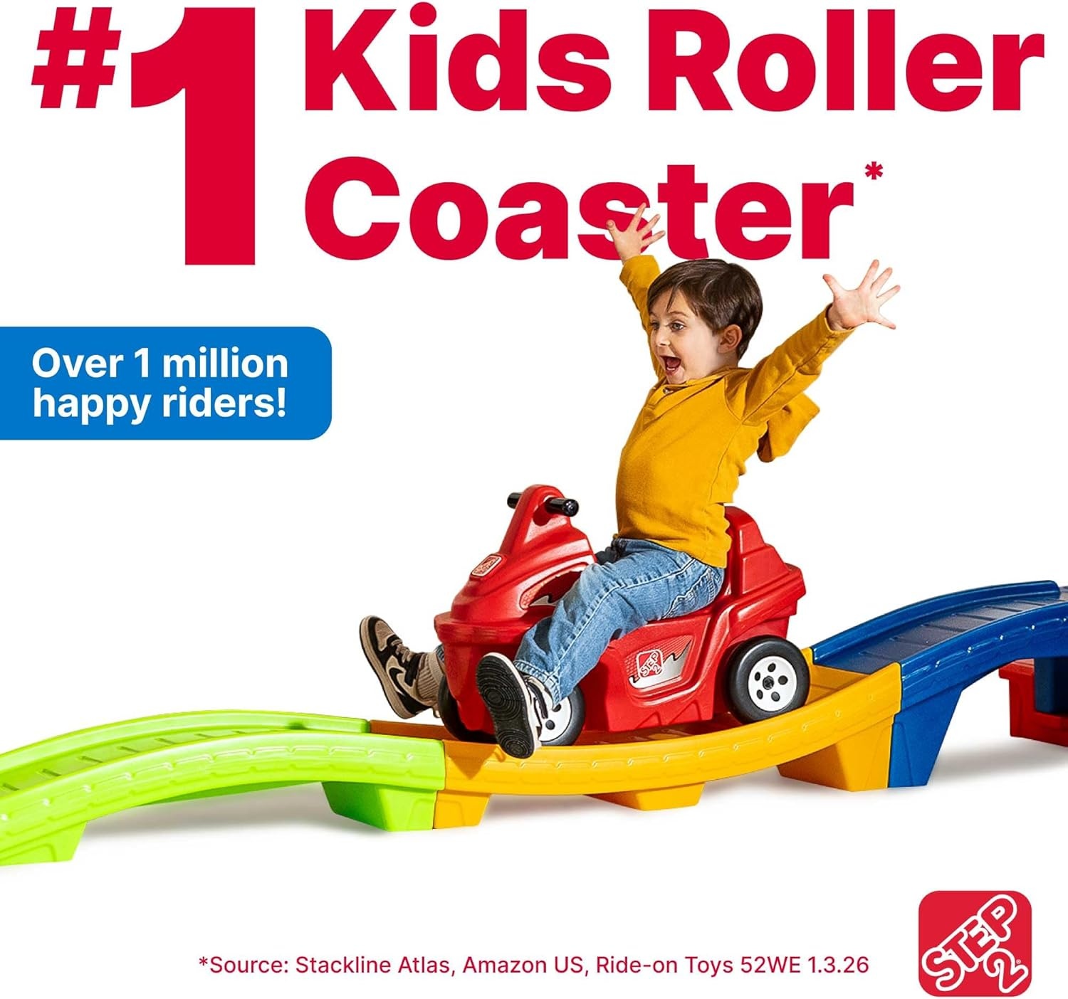 Step2 Up & Down Roller Coaster Kids Ride On Toy, Push Car, Indoor/Outdoor Playset, Made of Durable Plastic, Max Weight 50 lbs., for Toddlers 2-5 Years Old, Gray & Blue(Red)