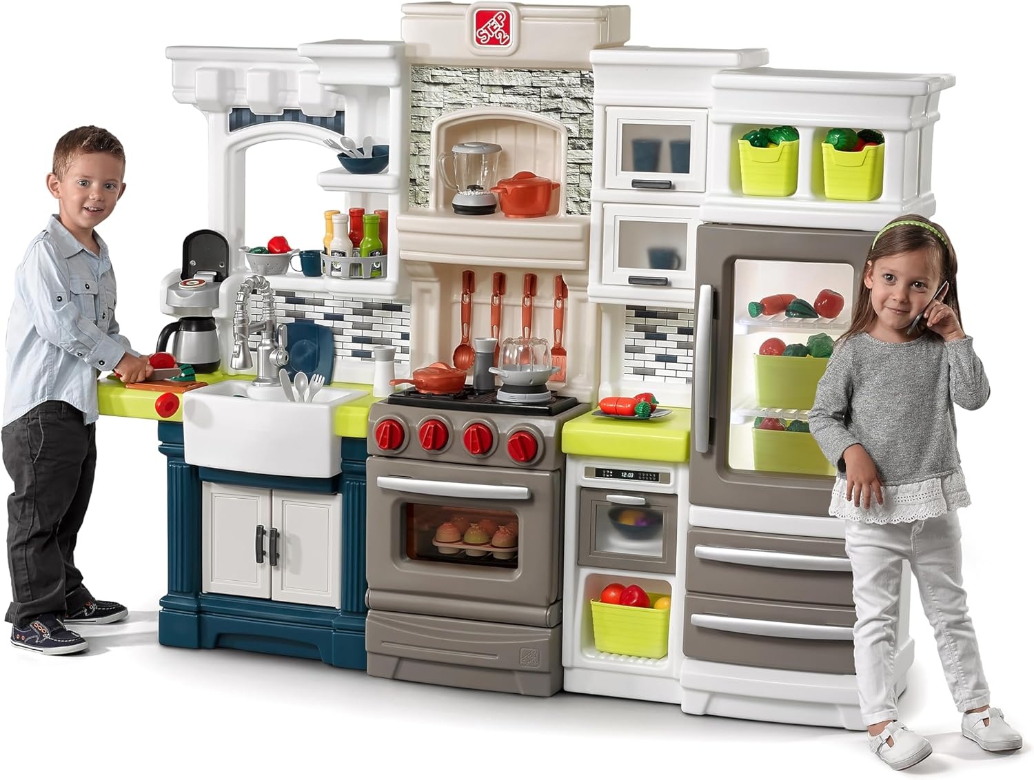 Step2 Elegant Edge Kids Kitchen Playset, Indoor/Outdoor Kitchenette, Interactive Play with Lights and Sounds, Made of Durable Plastic, Includes 78 Piece Toy Accessories, For Toddlers 3+ Years Old(Kitchen Set)