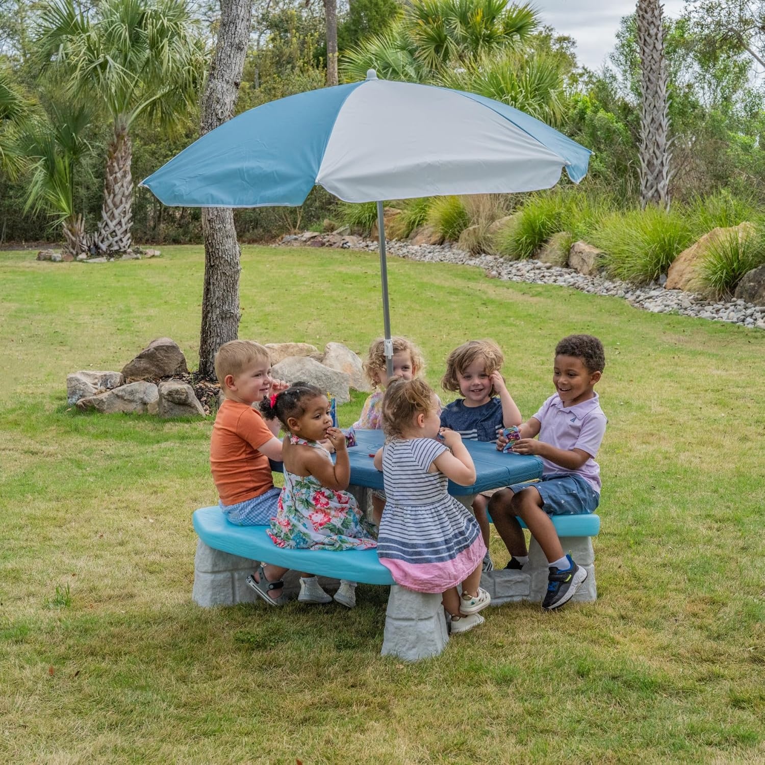 Step2 Sun and Fun Picnic Table with Umbrella for Kids, Outdoor Table and Bench Set, Seats 4, Ages 3+ Years
