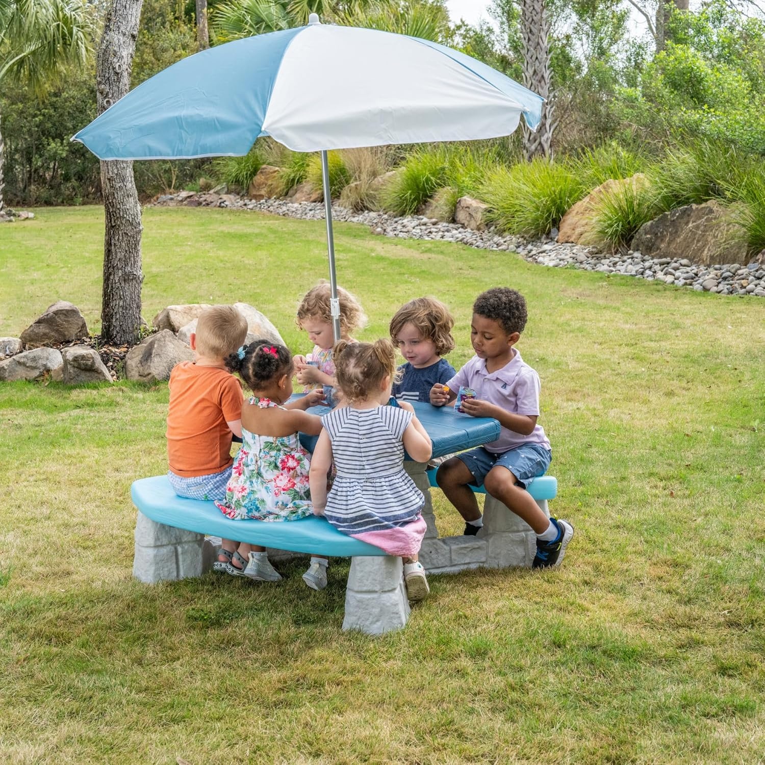 Step2 Sun and Fun Picnic Table with Umbrella for Kids, Outdoor Table and Bench Set, Seats 4, Ages 3+ Years