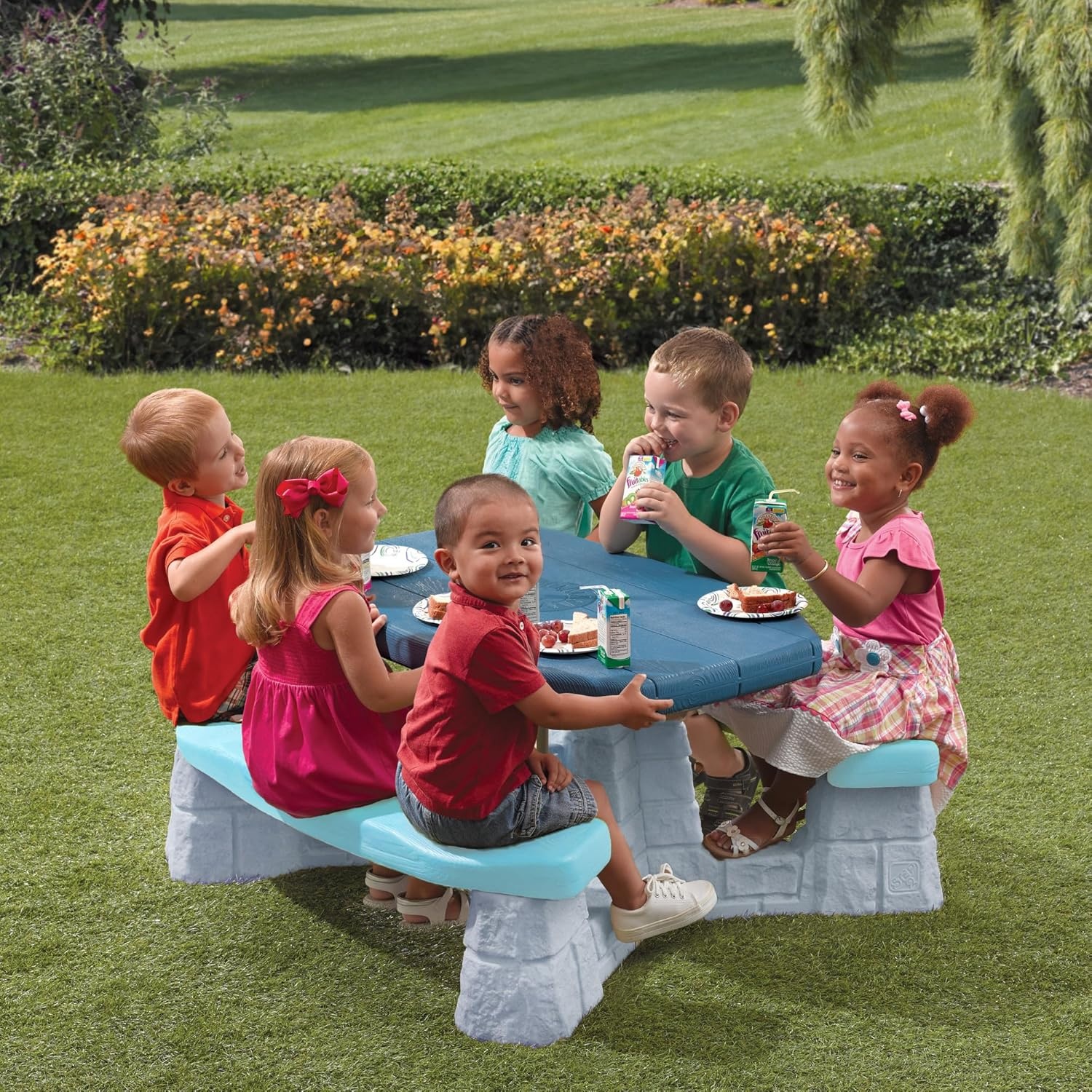 Step2 Sun and Fun Picnic Table with Umbrella for Kids, Outdoor Table and Bench Set, Seats 4, Ages 3+ Years