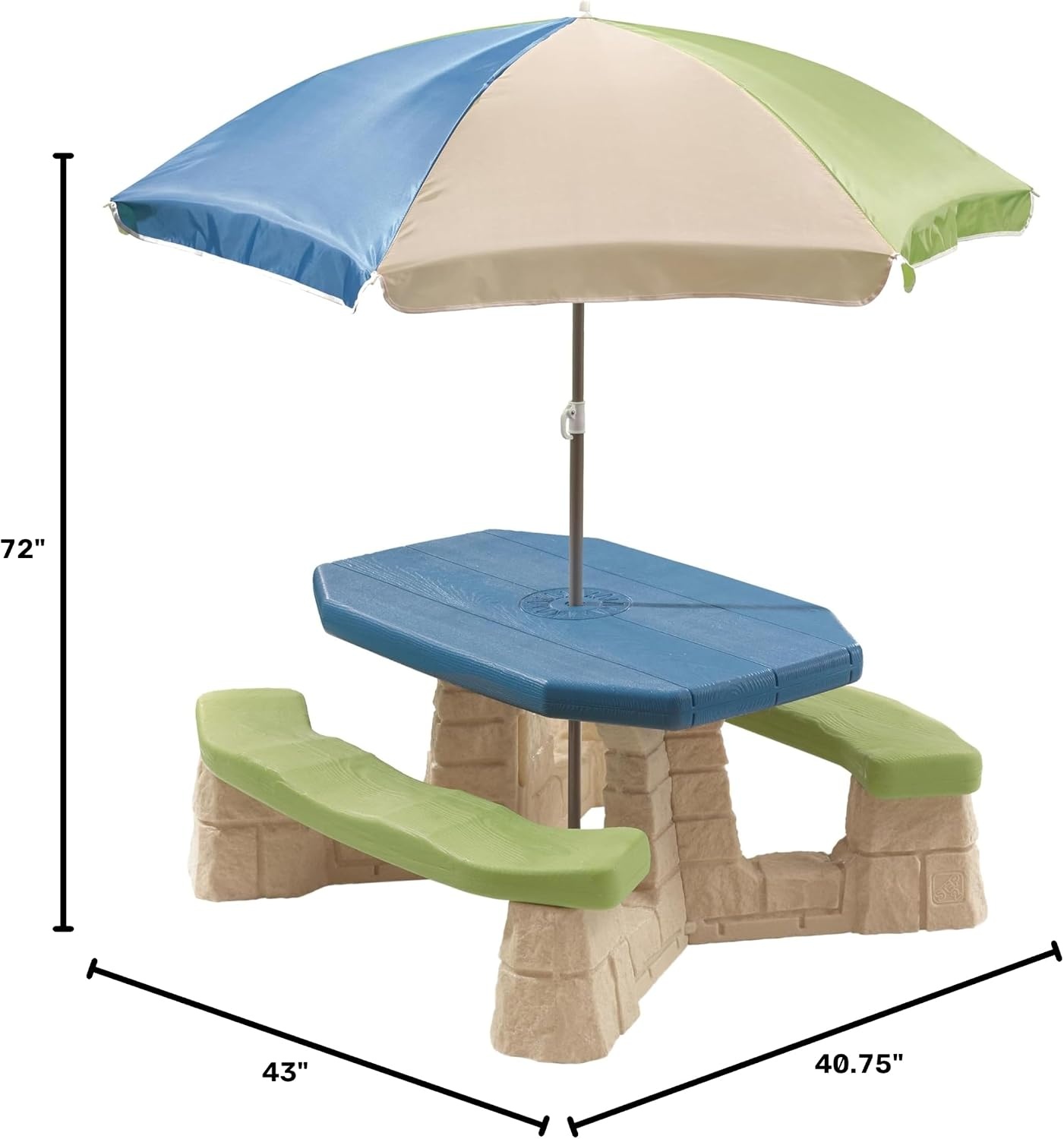 Step2 Naturally Playful Kids Picnic Table with Removeable Umbrella, Indoor/Outdoor Toys, Fits 6 Children, Made of Durable Plastic, For Toddlers 3+ Years Old, Green & Leaves(Blue & Green)