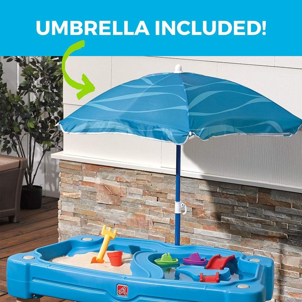 Step2 Cascading Cove Sand and Water Table, Kids Activity Sensory Playset, Comes with Umbrella, Summer Outdoor Toys, 7 Piece Toy Accessories, For Toddlers 1.5+ Years Old(Blue)