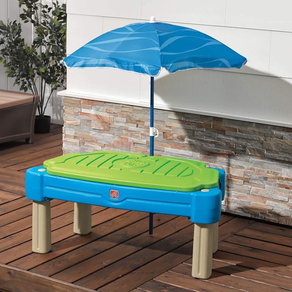 Step2 Cascading Cove Sand and Water Table, Kids Activity Sensory Playset, Comes with Umbrella, Summer Outdoor Toys, 7 Piece Toy Accessories, For Toddlers 1.5+ Years Old(Blue)