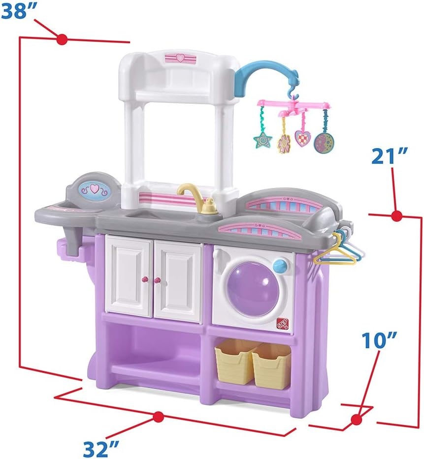 Step2 Love & Care Deluxe Baby Doll Nursery Playset for Kids, Compact Changing Station & Crib, Made of Durable Plastic, Includes Toy Accessories, For Toddlers 2-6 Years Old, Pink(Lavender)