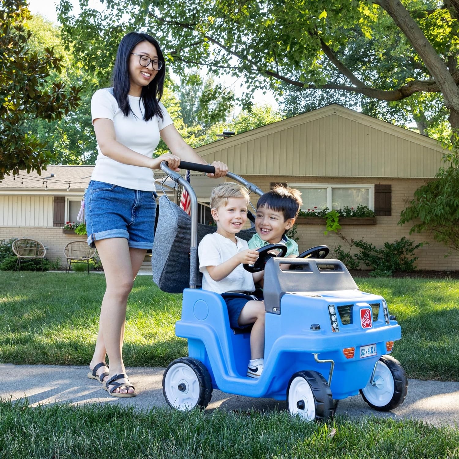 Step2 Side-by-Side Push Around SUV, Kids Push Car, 2 Seats, Stroller Substitute, Includes Seat Belts & Horns, Made of Durable Plastic, Max Weight 100 lbs., for Toddlers 1.5-5 Years Old, Gray(Blue)
