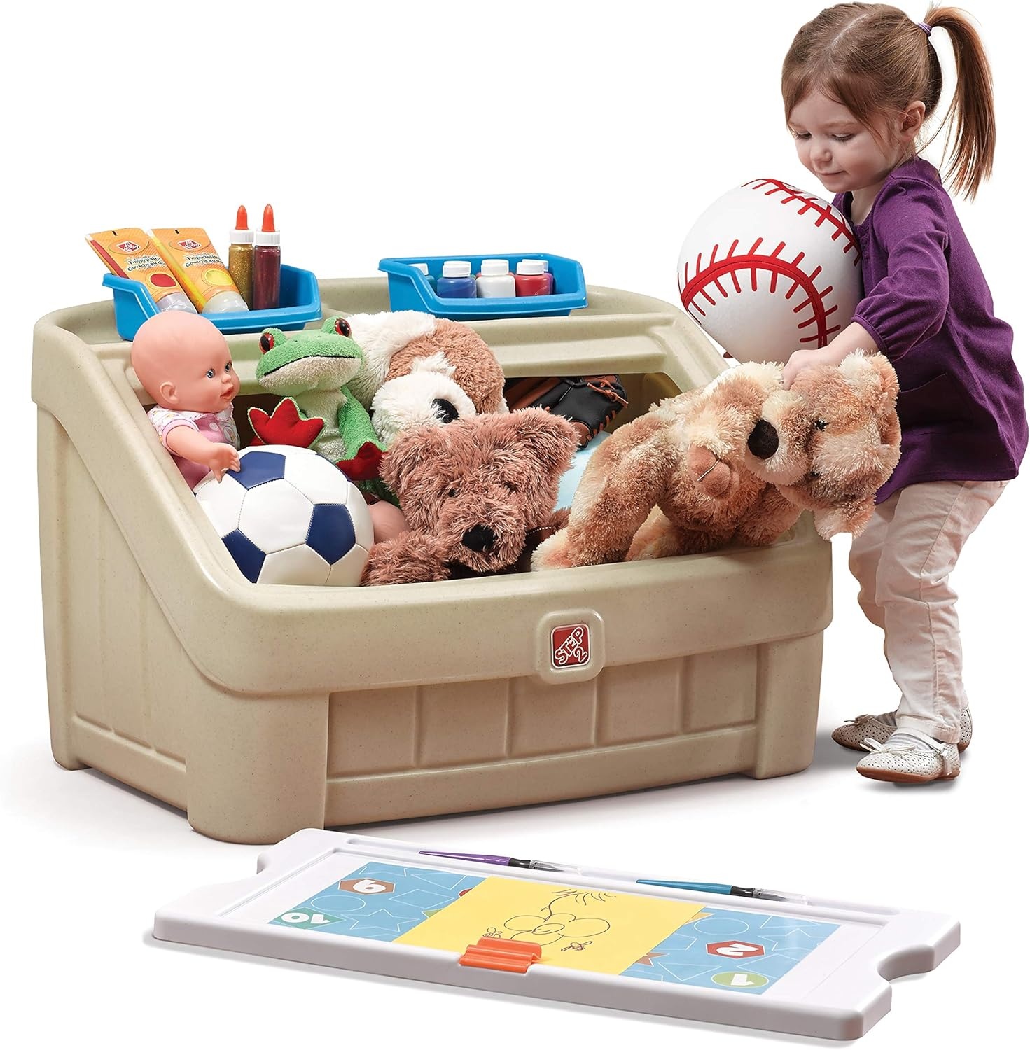 Step2 2-in-1 Toy Box & Art Lid, Kids Toy Storage Bin & Organizer, Easel & Chest in One, Made of Durable Plastic, For Toddlers 2+ Years Old, Tan(Tan)