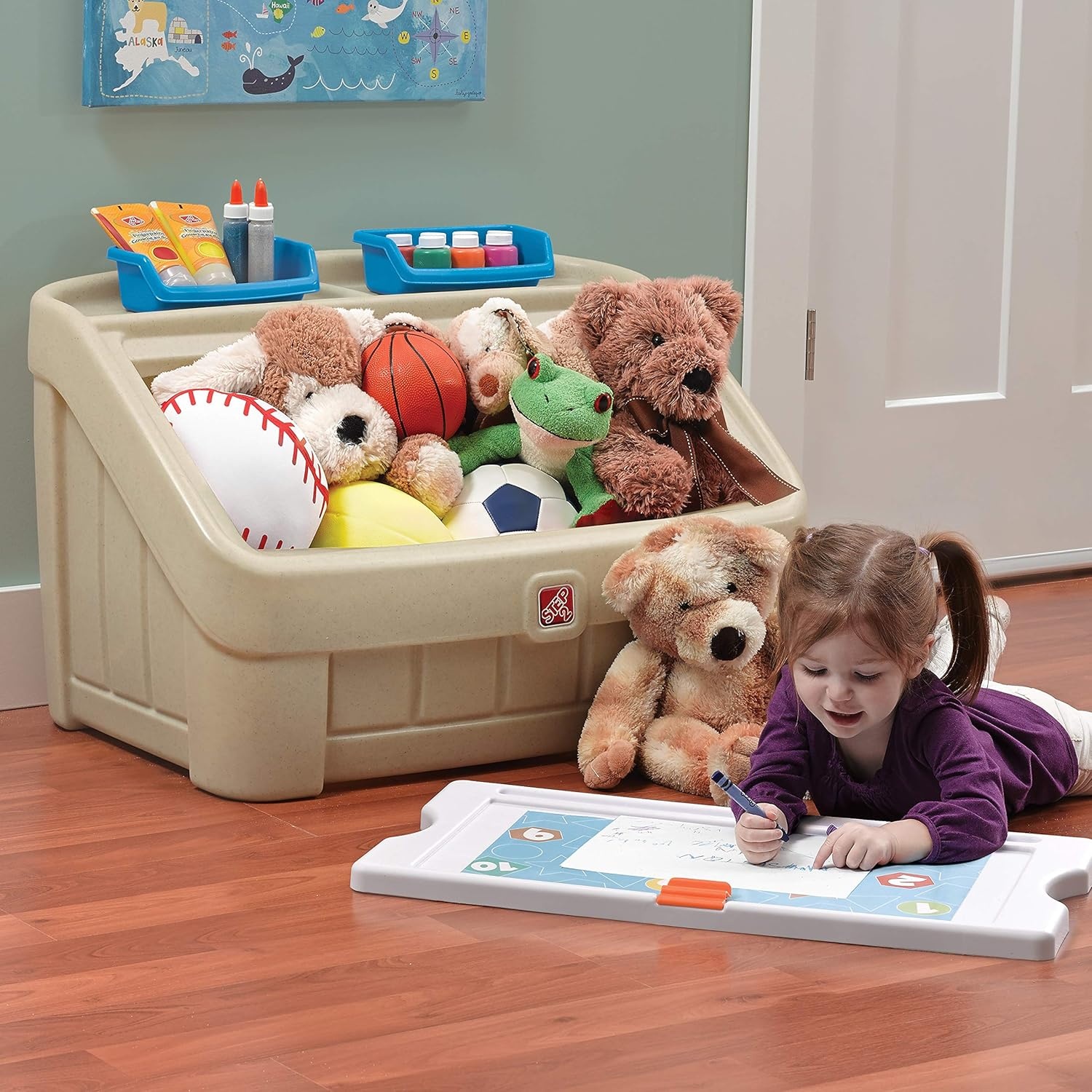 Step2 2-in-1 Toy Box & Art Lid, Kids Toy Storage Bin & Organizer, Easel & Chest in One, Made of Durable Plastic, For Toddlers 2+ Years Old, Tan(Tan)