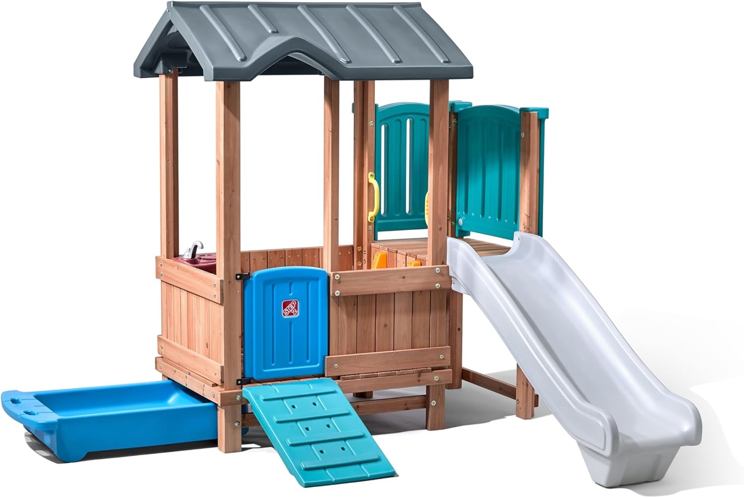 Step2 Woodland Adventure Playhouse & Slide, Kids Outdoor Playset, Backyard Playground Set, Swings, Storage Drawer, Made of Wood & Durable Plastic, Outside Jungle Gym, for Children 3-8 Years Old