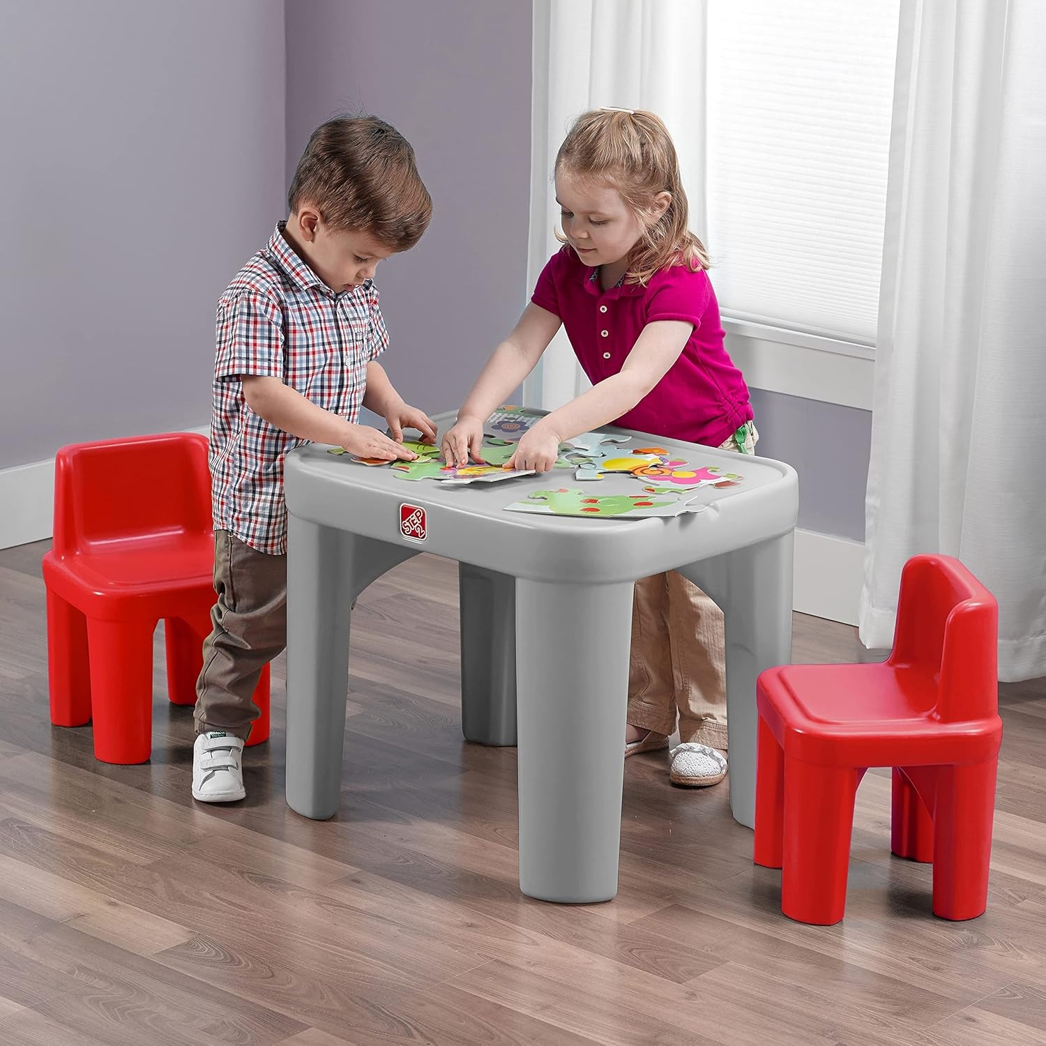 Step2 Mighty My Size Kids Table & Chair Set, Playroom Activity Table for Arts & Crafts, Made of Durable Plastic, For Toddlers 2+ Years Old, Gray & Red(Gray & Red)
