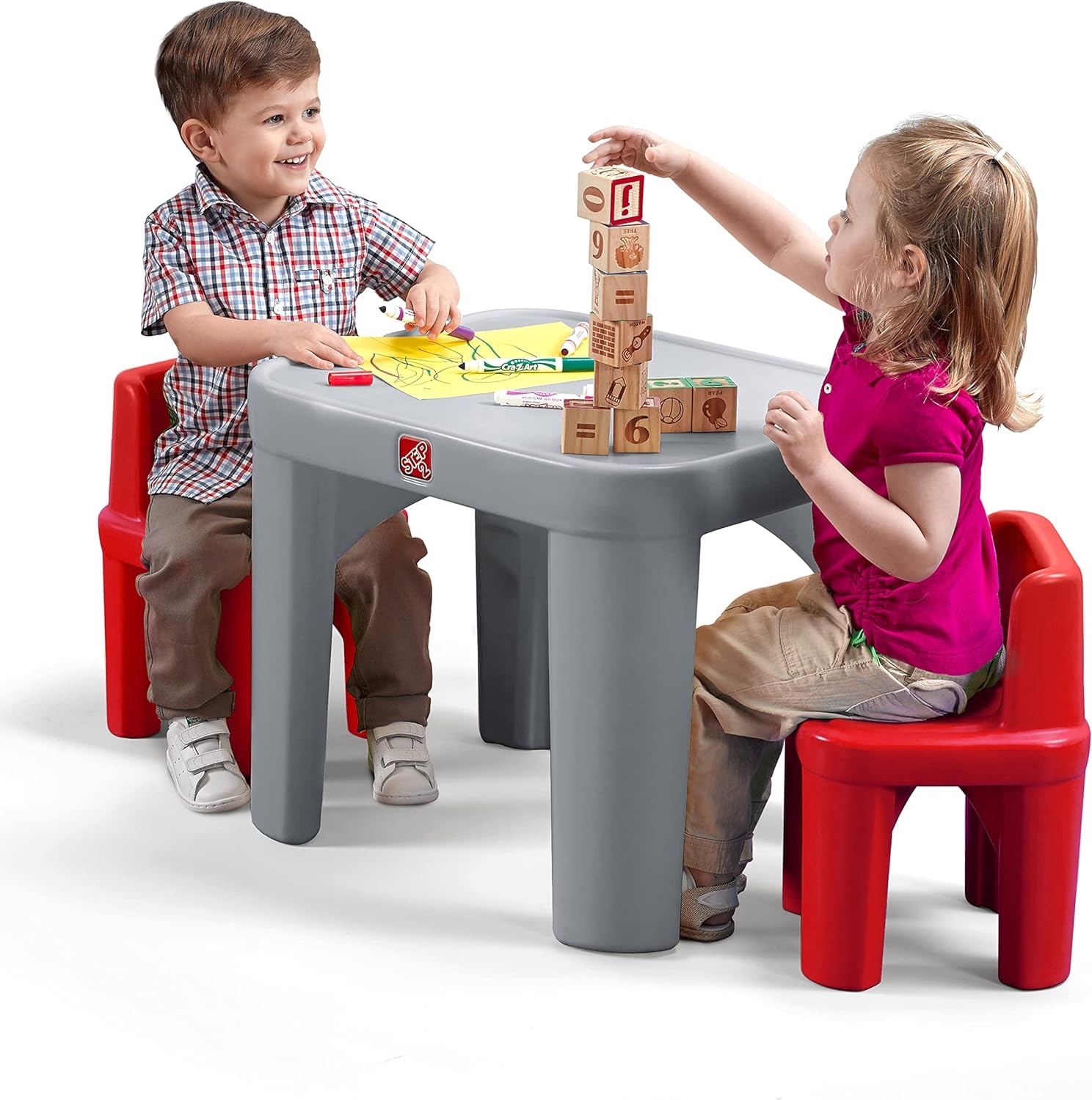 Step2 Mighty My Size Kids Table & Chair Set, Playroom Activity Table for Arts & Crafts, Made of Durable Plastic, For Toddlers 2+ Years Old, Gray & Red(Gray & Red)