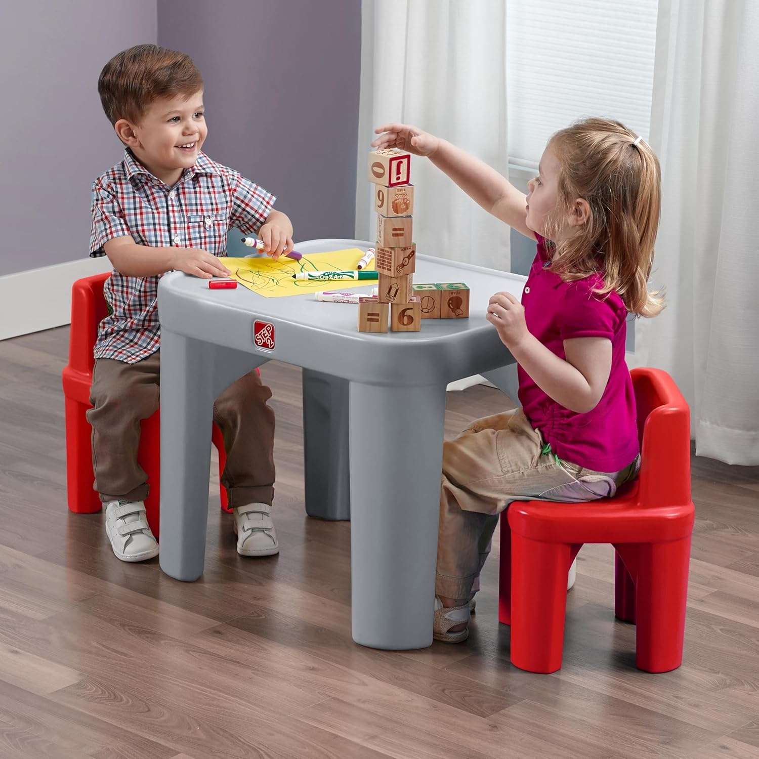 Step2 Mighty My Size Kids Table & Chair Set, Playroom Activity Table for Arts & Crafts, Made of Durable Plastic, For Toddlers 2+ Years Old, Gray & Red(Gray & Red)
