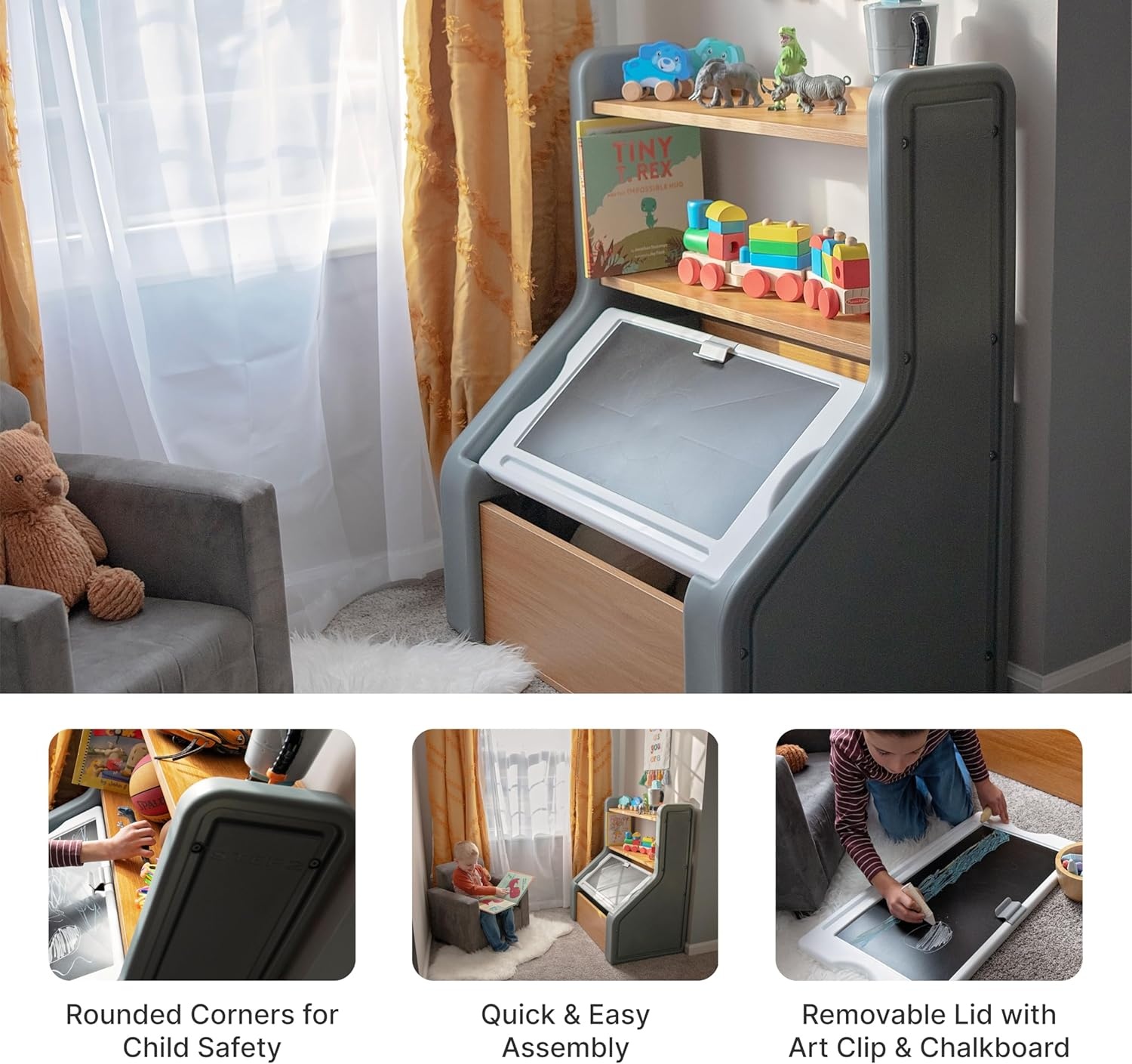 Step2 Harmony Toy Storage Box, Wood and Plastic, Shelves for Books, Toy Storage Bin with Chalkboard Lid and Clip, Easel and Toy Organizer in One, White(Sage Gray)