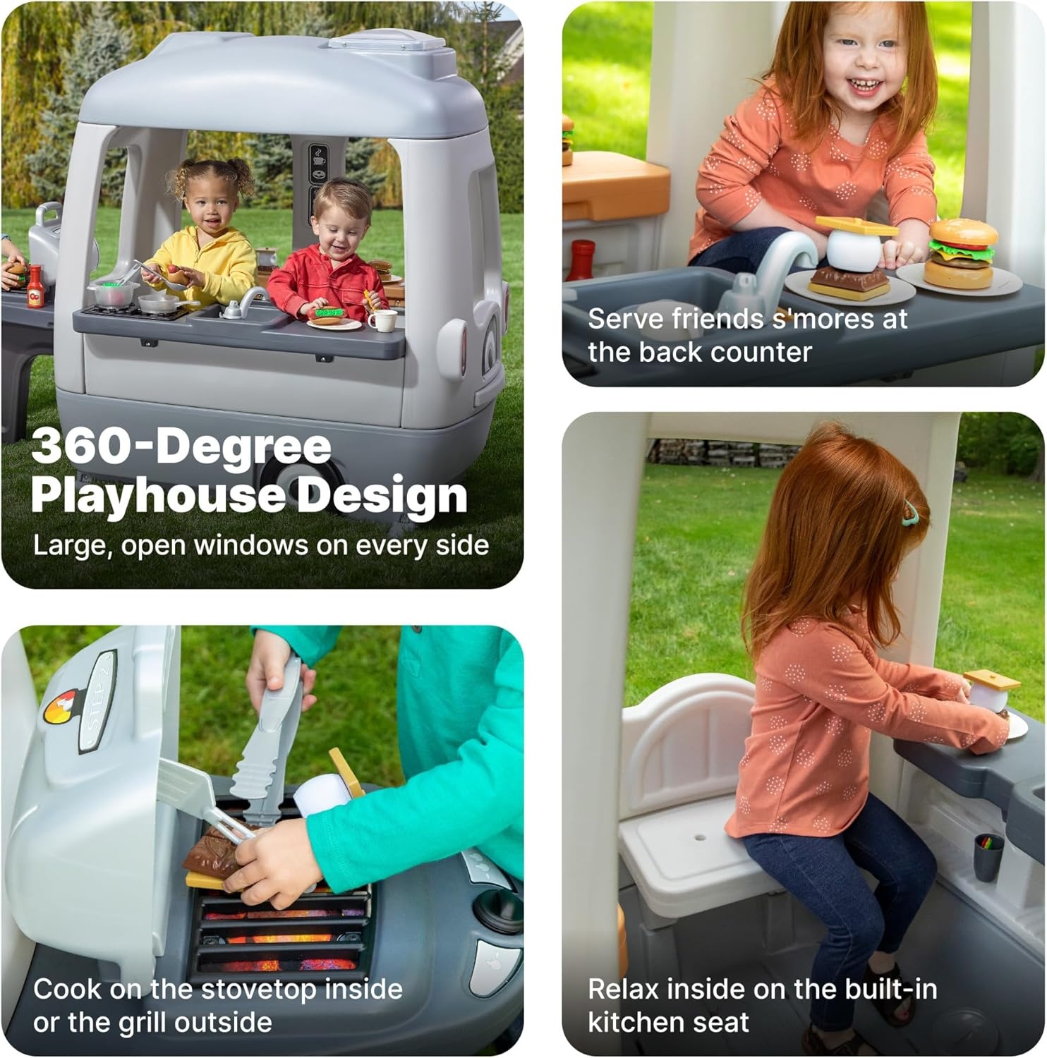 Step2 Adventure Camper Kids Playhouse, Indoor/Outdoor Playset with Kitchenette, Interactive Doorbell Sounds, 52-Piece Toy Accessories, Durable Plastic, For Toddlers 2+ Years(Playhouse)