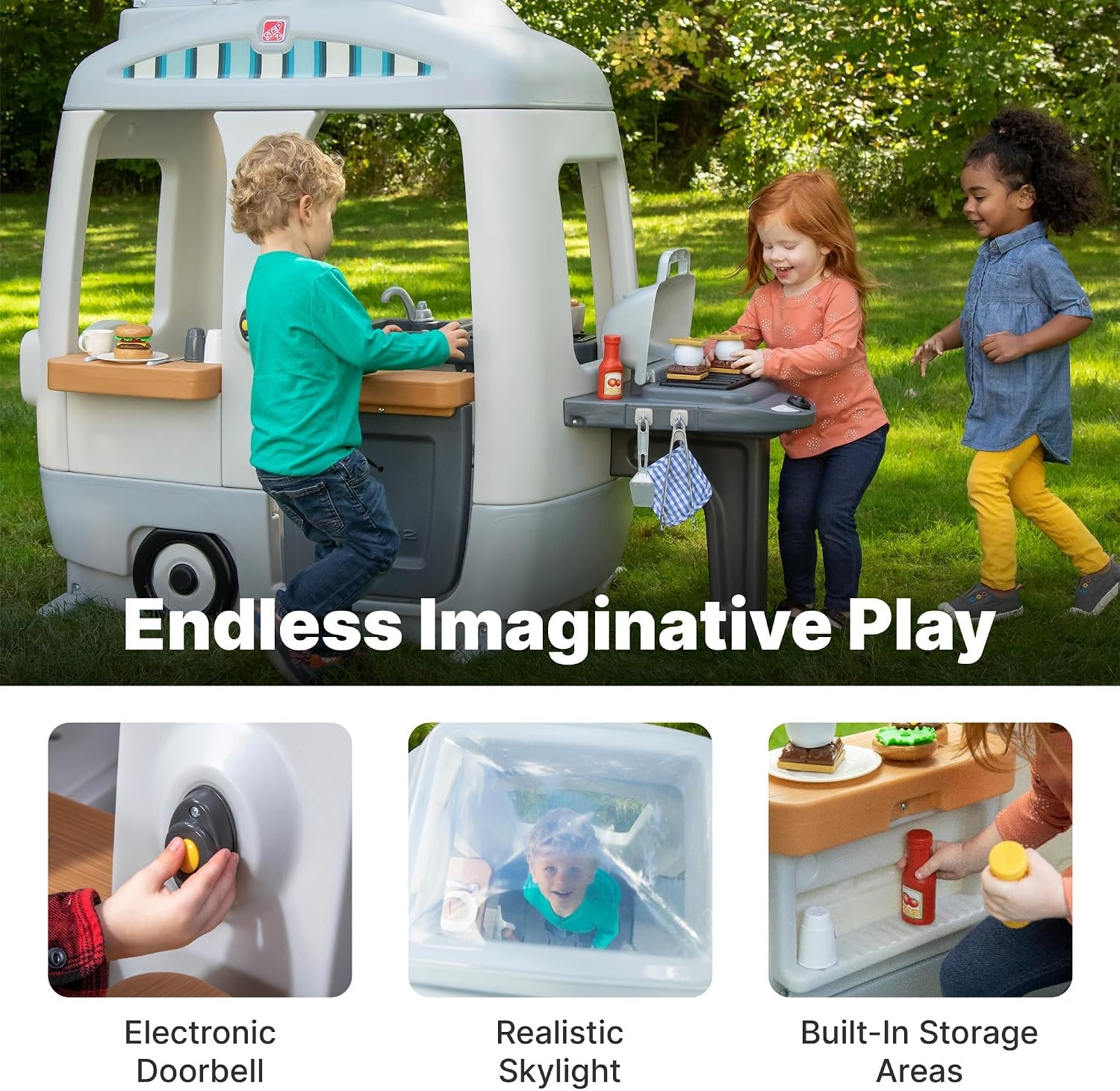 Step2 Adventure Camper Kids Playhouse, Indoor/Outdoor Playset with Kitchenette, Interactive Doorbell Sounds, 52-Piece Toy Accessories, Durable Plastic, For Toddlers 2+ Years(Playhouse)