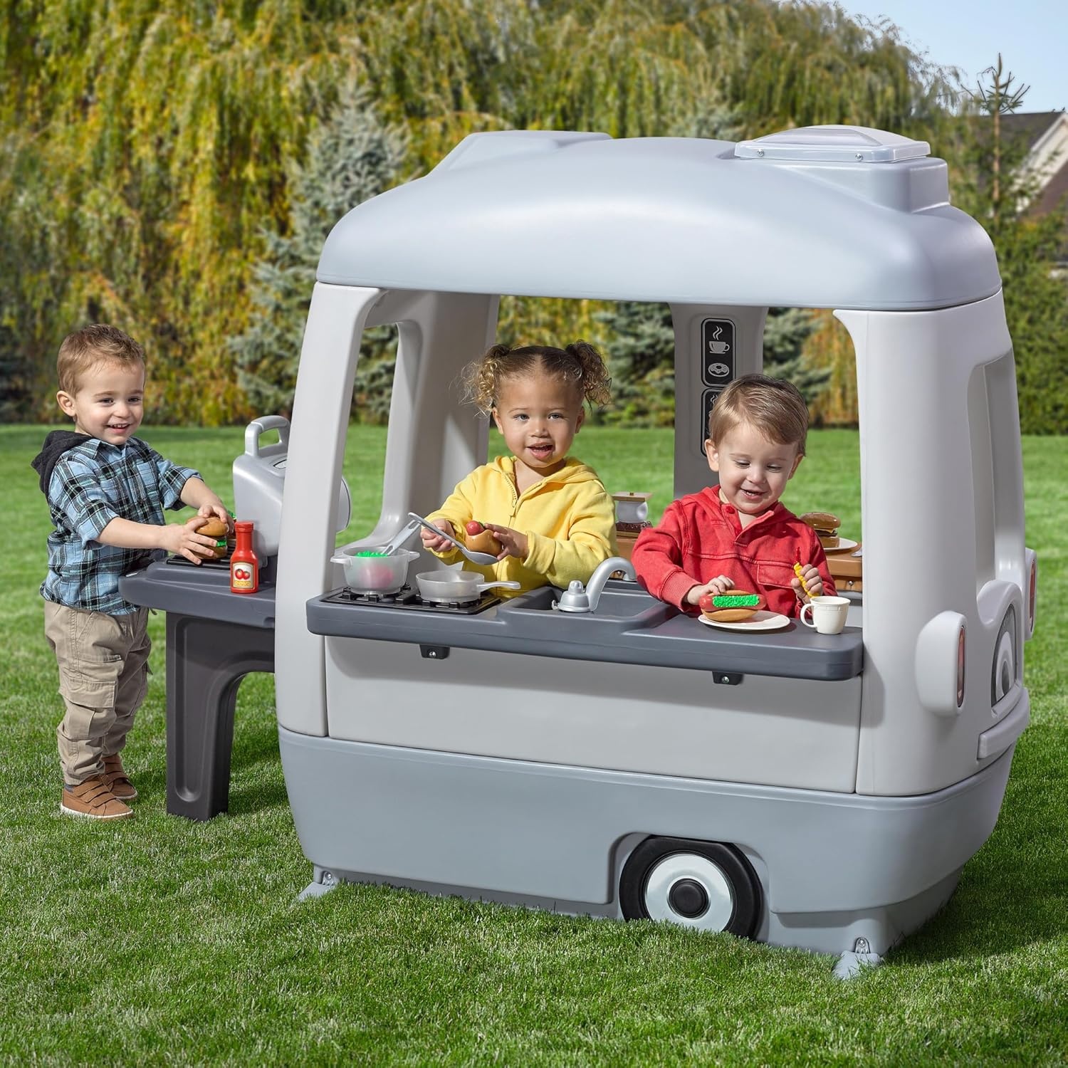 Step2 Adventure Camper Kids Playhouse, Indoor/Outdoor Playset with Kitchenette, Interactive Doorbell Sounds, 52-Piece Toy Accessories, Durable Plastic, For Toddlers 2+ Years(Playhouse)