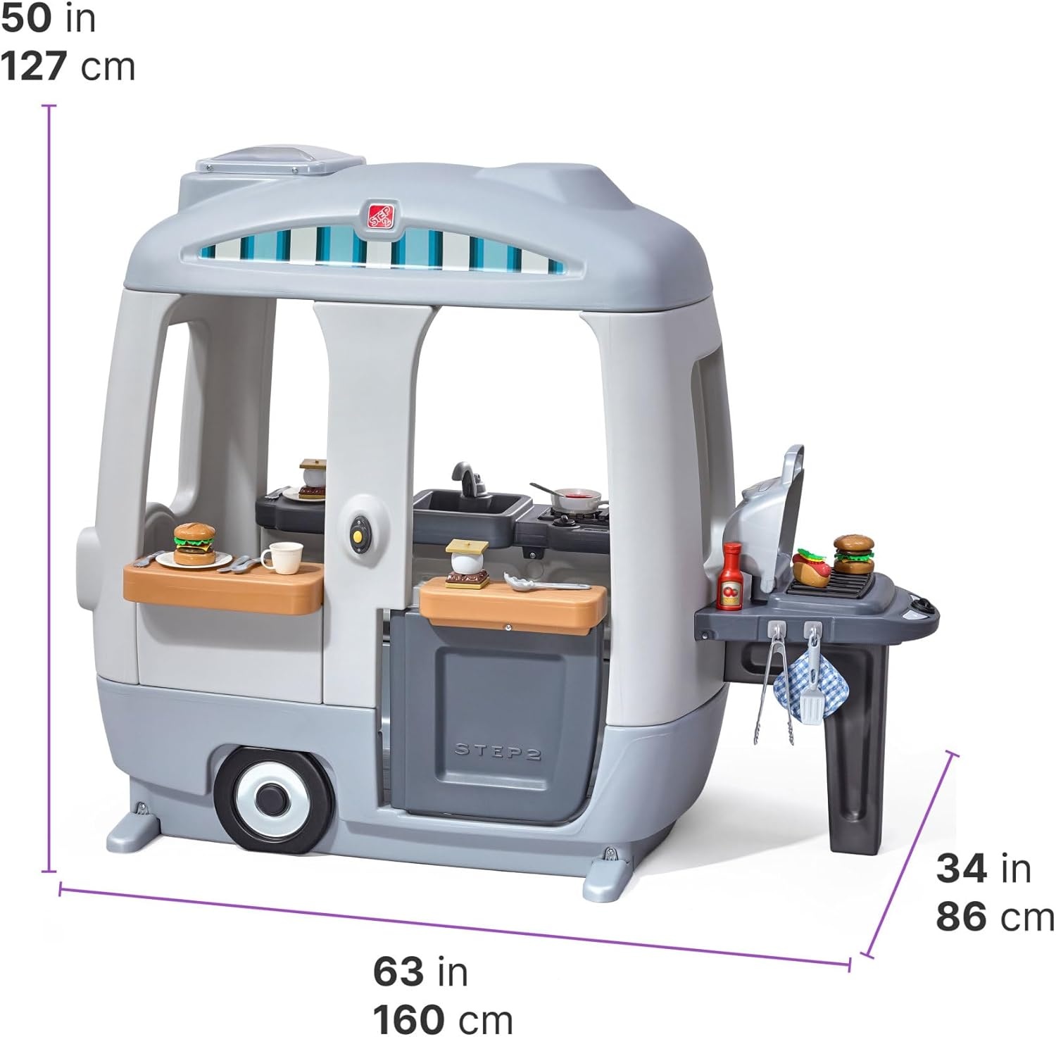 Step2 Adventure Camper Kids Playhouse, Indoor/Outdoor Playset with Kitchenette, Interactive Doorbell Sounds, 52-Piece Toy Accessories, Durable Plastic, For Toddlers 2+ Years(Playhouse)