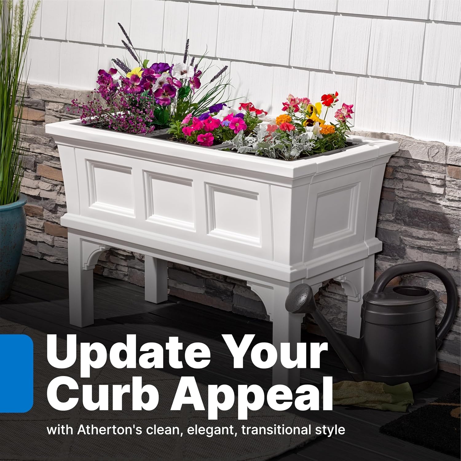 Step2 Atherton Raised Planter Box, Large Planters for Outdoor Plants, Gardening and Flower Pot for Patio or Porch, Easy Drainage, Durable Plastic, Onyx Black(Classic White)
