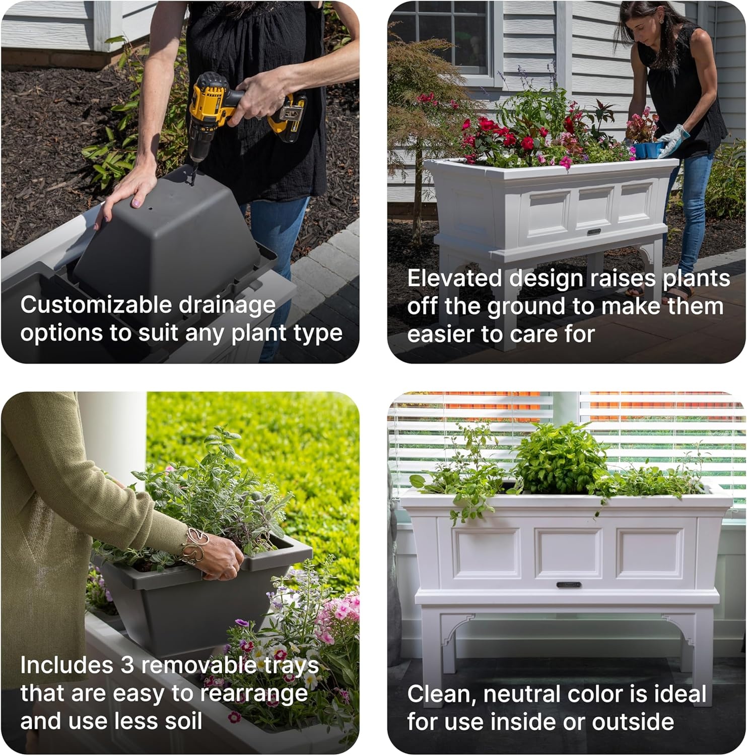 Step2 Atherton Raised Planter Box, Large Planters for Outdoor Plants, Gardening and Flower Pot for Patio or Porch, Easy Drainage, Durable Plastic, Onyx Black(Classic White)