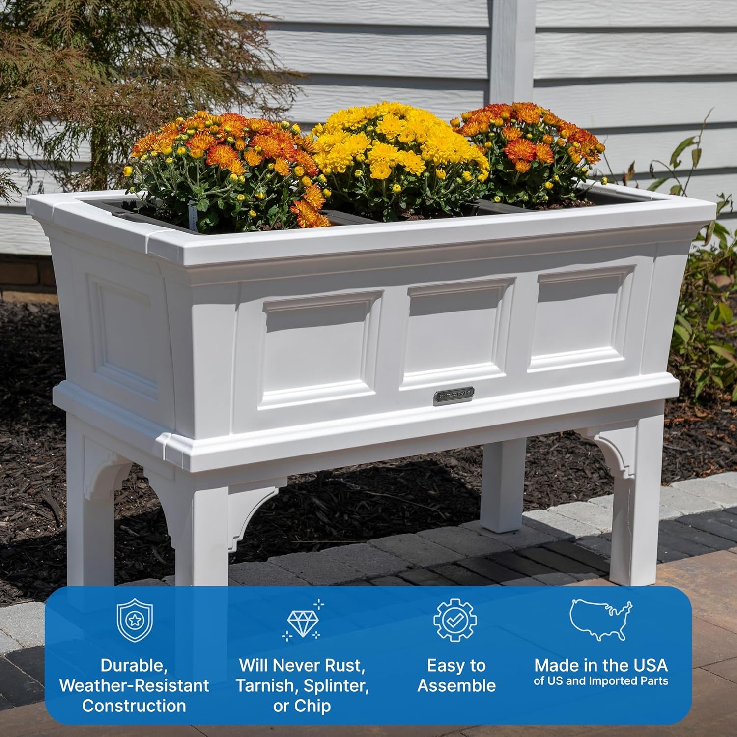 Step2 Atherton Raised Planter Box, Large Planters for Outdoor Plants, Gardening and Flower Pot for Patio or Porch, Easy Drainage, Durable Plastic, Onyx Black(Classic White)