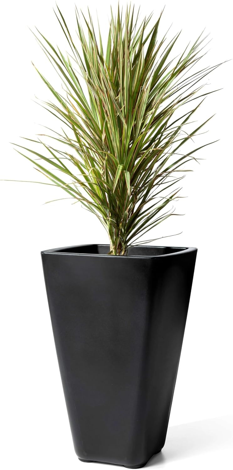 Step2 Bridgeview Tall Square Planter, Large Planters for Outdoor Plants, Gardening and Flower Pot for Patio or Porch, Efficient Drainage, Durable Plastic, Onyx Black, 2-Pack(Onyx Black)