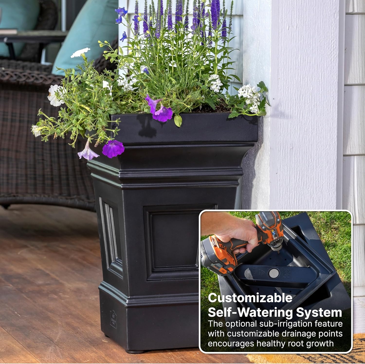 Step2 Atherton Square Planter, Large Planters for Outdoor Plants, Gardening and Flower Pot for Patio or Porch, Efficient Drainage, Durable Plastic, Classic White(Onyx Black)