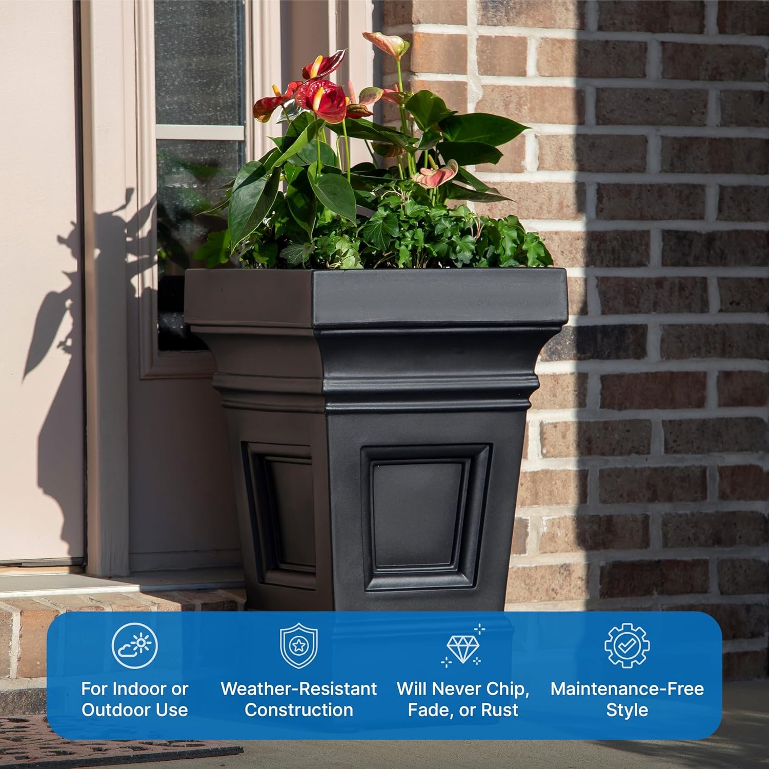 Step2 Atherton Square Planter, Large Planters for Outdoor Plants, Gardening and Flower Pot for Patio or Porch, Efficient Drainage, Durable Plastic, Classic White(Onyx Black)