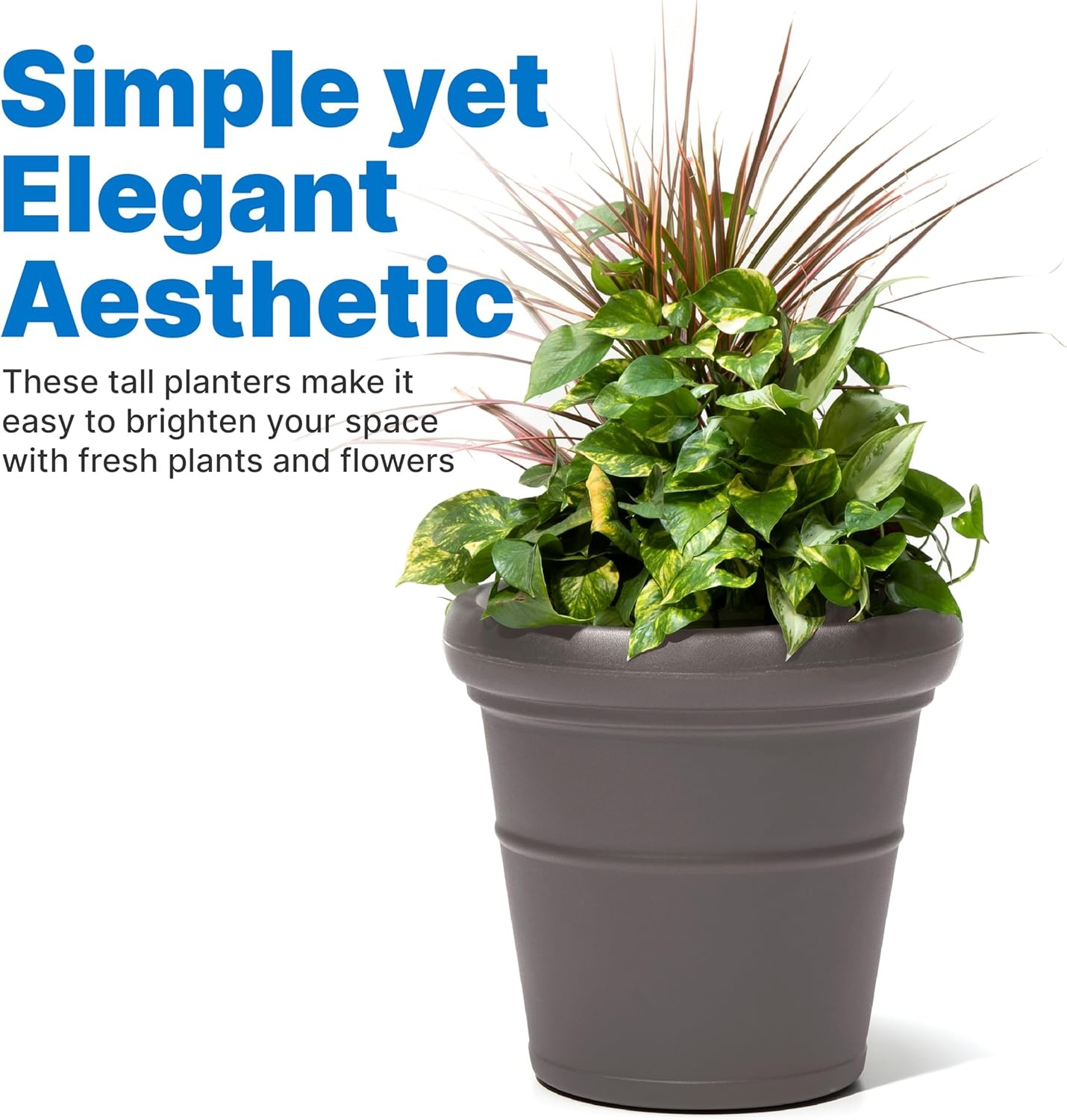 Step2 Claremont Tall Round Planter, Large Planters for Outdoor Plants, Gardening and Flower Pot for Patio or Porch, Efficient Drainage, Durable Plastic, Dark Cedar, 2-Pack(Dark Cedar)