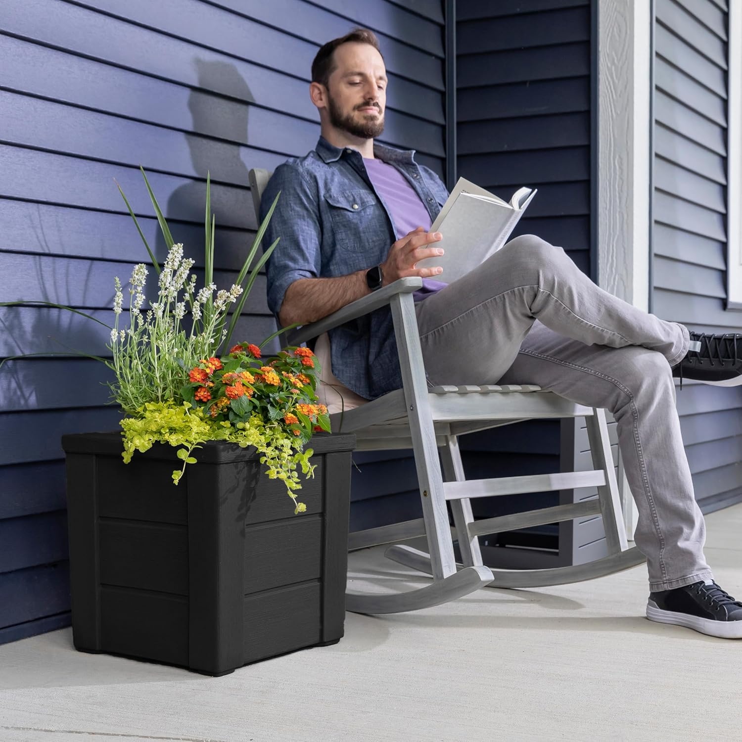 Step2 Lakewood Planter Box 2-Pack, Resin Outdoor Window Box Planters, Self-Watering, Black(Black)