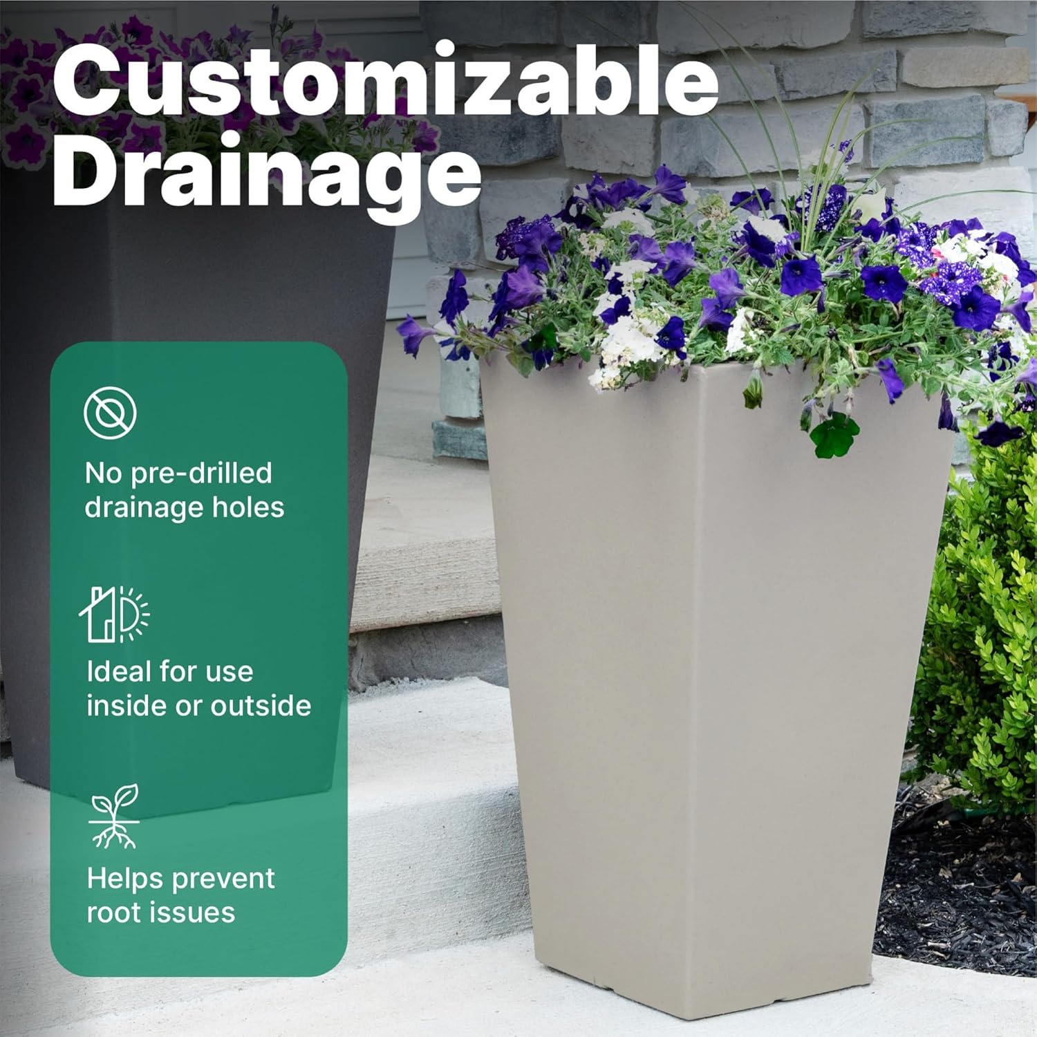 Step2 Tremont Tall Square Tapered Planter, 28 in Resin Planter, Self-Watering, Dark Cedar(Concrete)