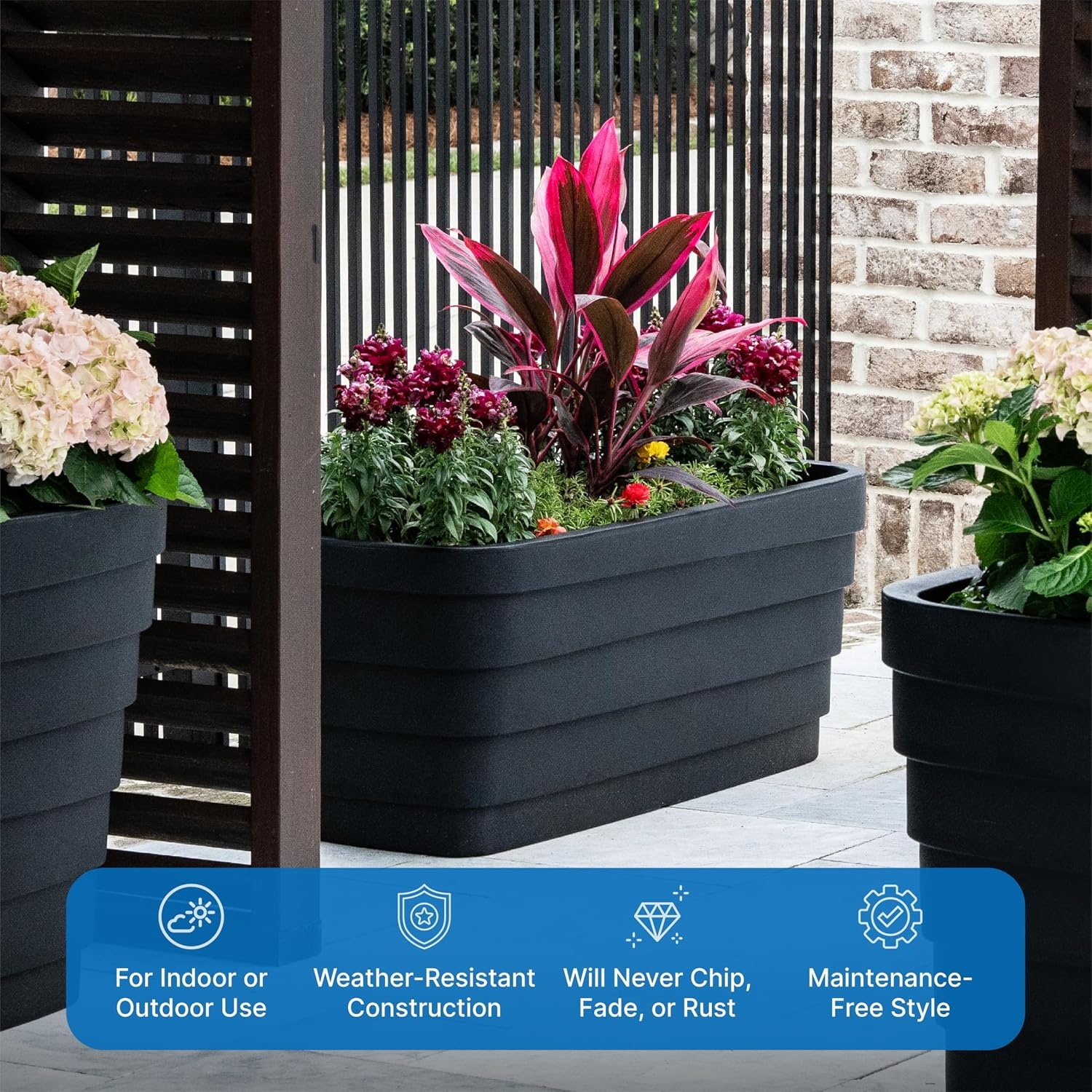 Step2 Wave Trough Planter, Large Planters for Outdoor Plants, Gardening and Flower Pot for Patio or Porch, Efficient Drainage, Durable Plastic, Black, 2-Pack(Black)