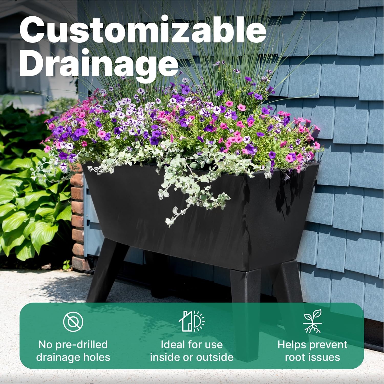 Step2 Tremont Raised Planter, Large Resin Planter for Outdoor Plants, Self-Watering, Black