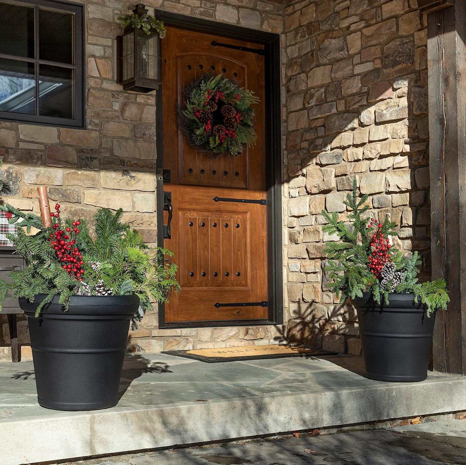 Step2 Claremont Tall Round Planter, Large Planters for Outdoor Plants, Gardening and Flower Pot for Patio or Porch, Efficient Drainage, Durable Plastic, Dark Cedar, 2-Pack(Onyx Black)