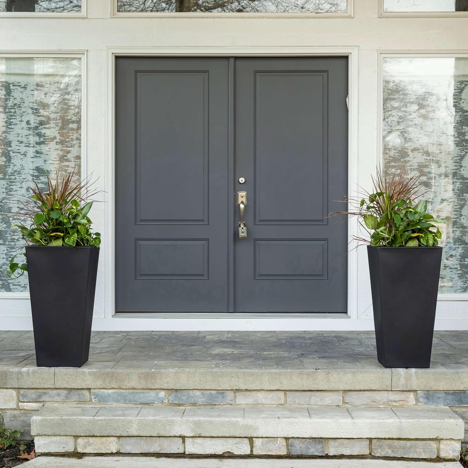 Step2 Tremont Tall Square Tapered Planter, 28 in Resin Planter, Self-Watering, Dark Cedar(Onyx Black)