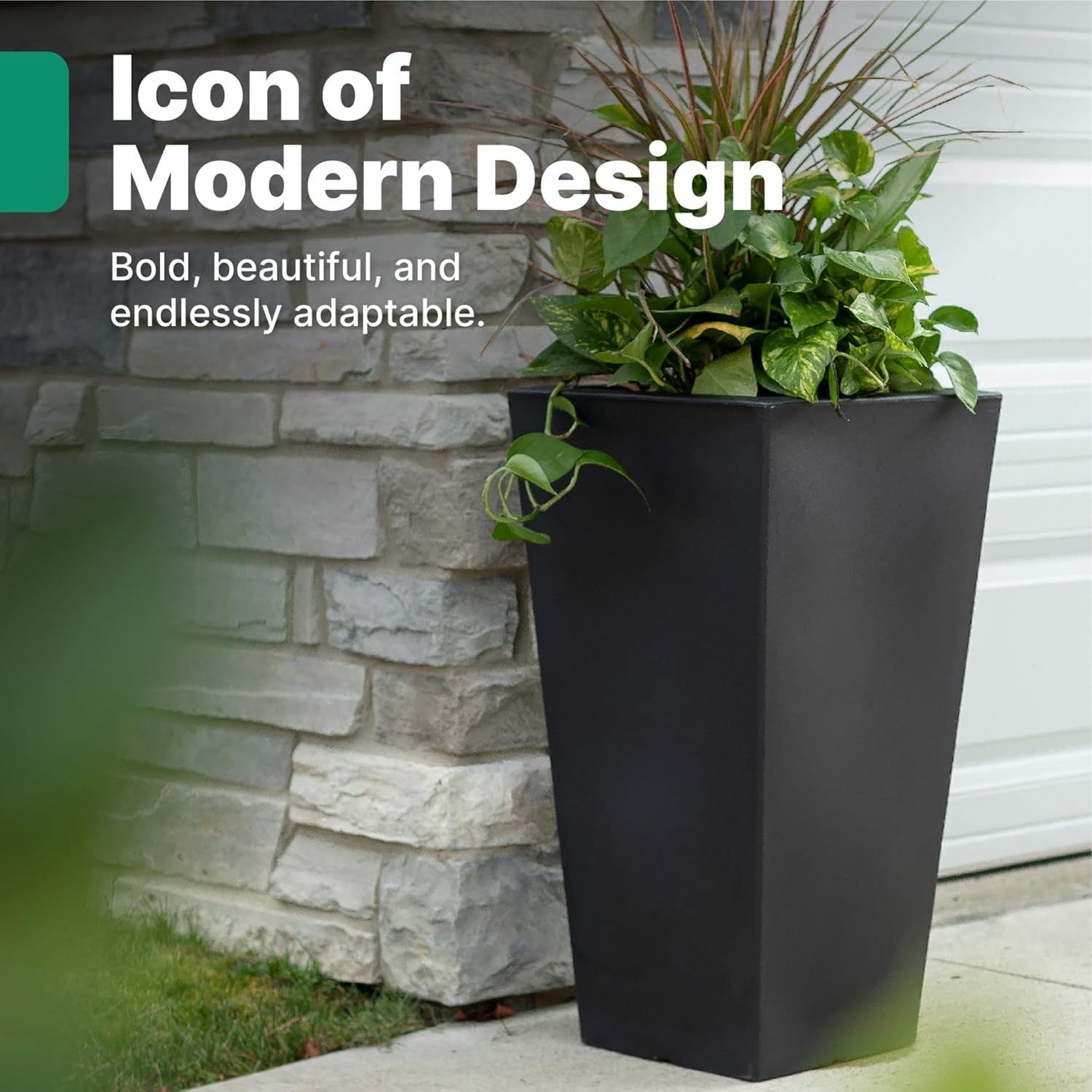 Step2 Tremont Tall Square Tapered Planter, 28 in Resin Planter, Self-Watering, Dark Cedar(Onyx Black)