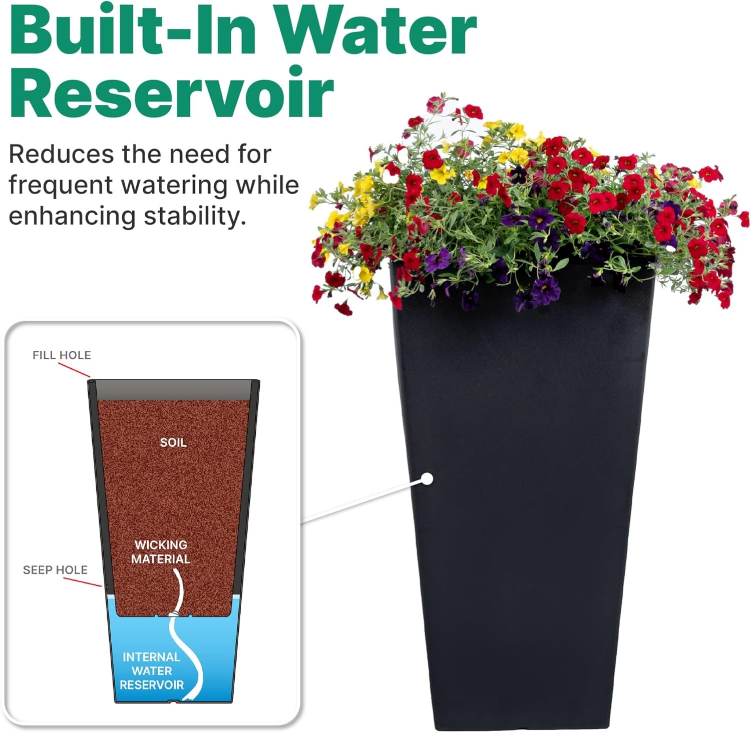 Step2 Tremont Tall Square Tapered Planter, 28 in Resin Planter, Self-Watering, Dark Cedar(Onyx Black)
