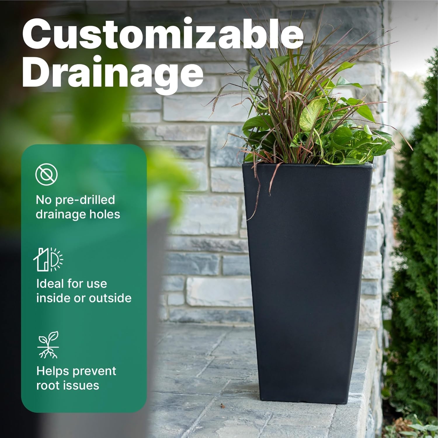 Step2 Tremont Tall Square Tapered Planter, 28 in Resin Planter, Self-Watering, Dark Cedar(Onyx Black)