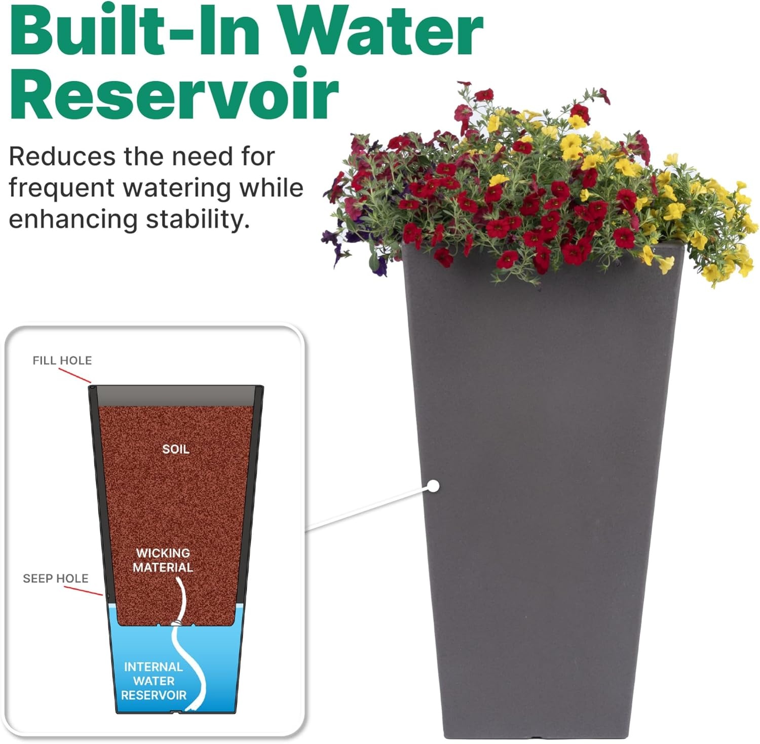 Step2 Tremont Tall Square Tapered Planter, 28 in Resin Planter, Self-Watering, Dark Cedar(Dark Cedar)