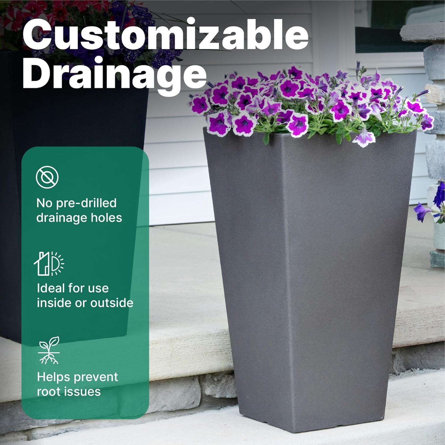 Step2 Tremont Tall Square Tapered Planter, 28 in Resin Planter, Self-Watering, Dark Cedar(Dark Cedar)