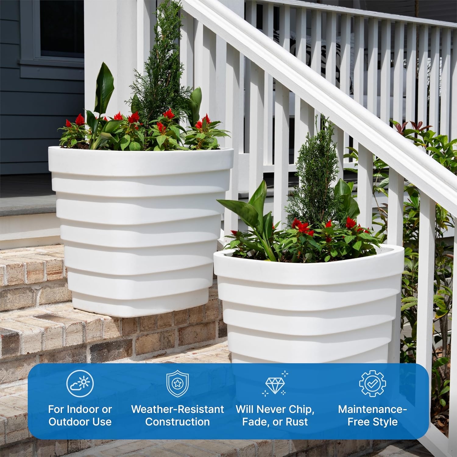 Step2 Wave 20×24 Planter, Large Planters for Outdoor Plants, Gardening and Flower Pot for Patio or Porch, Efficient Drainage, Durable Plastic, Black, 2-Pack(White)