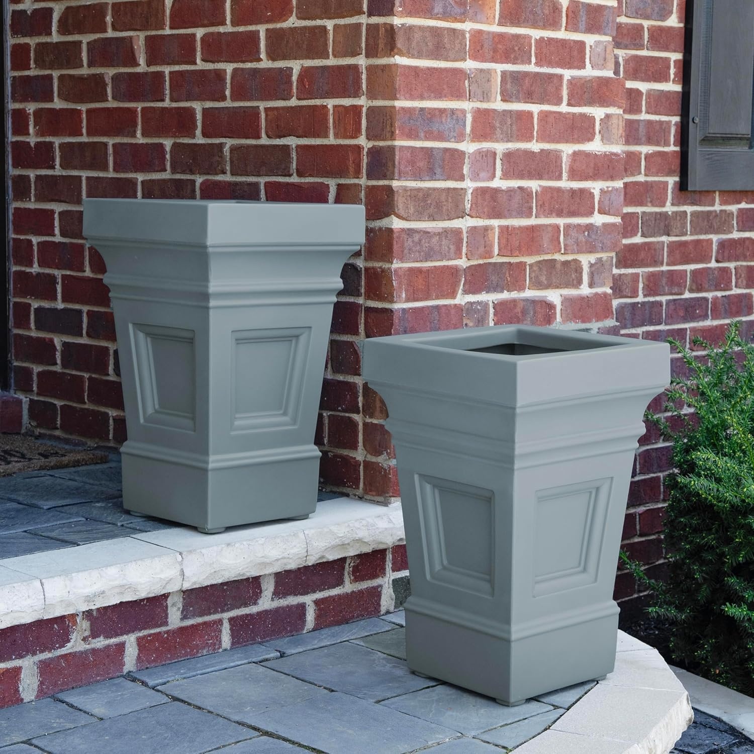 Step2 Atherton Square Planter, Large Planters for Outdoor Plants, Gardening and Flower Pot for Patio or Porch, Efficient Drainage, Durable Plastic, Onyx Black, 2-Pack(Sage Gray)