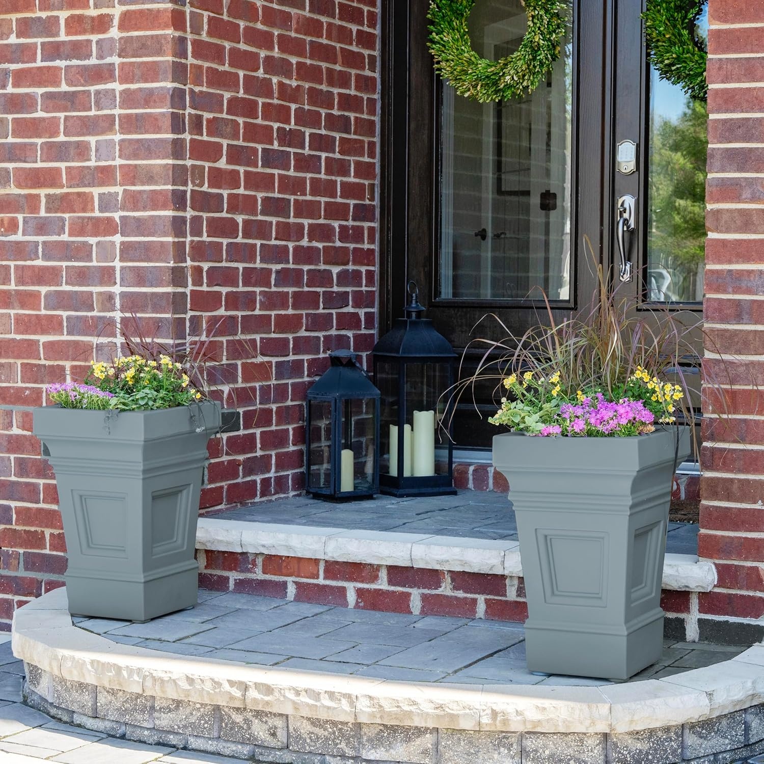 Step2 Atherton Square Planter, Large Planters for Outdoor Plants, Gardening and Flower Pot for Patio or Porch, Efficient Drainage, Durable Plastic, Onyx Black, 2-Pack(Sage Gray)